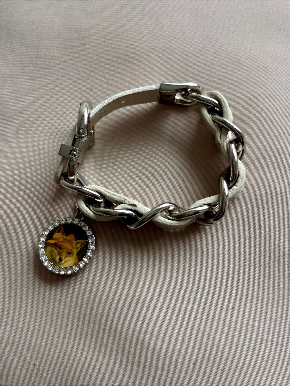 Brighton Silver Chain and White Leather Fox Crystal Charm Bracelet